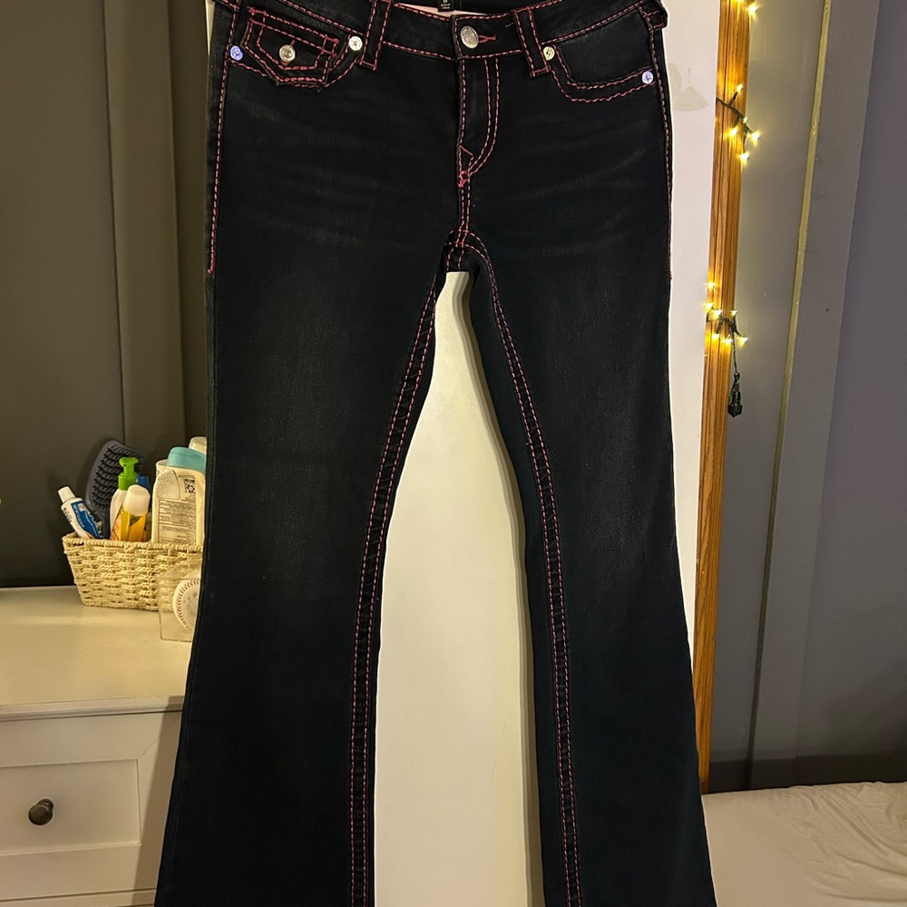 True Religion Black Flare Jeans with Pink Accents